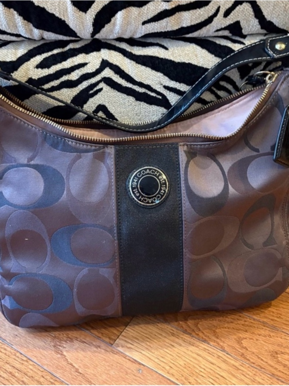 Coach Brown Signature Jacquard Shoulder Bag with Black Trim